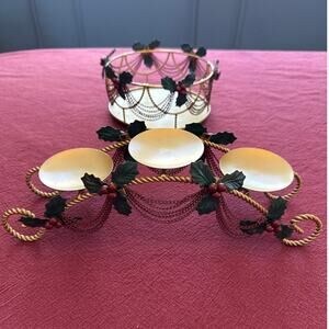 Holiday Christmas Décor Matching Metal Gold Toned Candle Holder Mistletoe Holly